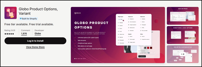 globo product options variant